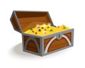 Treasure chest isometric cartoon. Wooden open box full of gold coins and jewels. Precious treasures, crystals, gems and Royalty Free Stock Photo