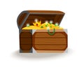 Treasure chest isometric cartoon. Wooden open box full of gold coins, jewels and royal crown. Precious treasures Royalty Free Stock Photo