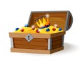 Treasure chest isometric cartoon. Wooden open box full of gold coins, jewels and royal crown. Precious treasures Royalty Free Stock Photo