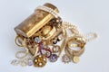 Jewellery in treasure chest with rings, precious stones, diamond and bracelets Royalty Free Stock Photo