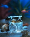 Treasure chest lying at the bottom of the sea. Royalty Free Stock Photo