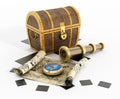 Treasure chest, map, compass and looking glass Royalty Free Stock Photo