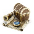 Treasure chest, map, compass and looking glass Royalty Free Stock Photo