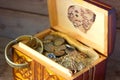 Treasure chest, old coins Royalty Free Stock Photo