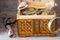Treasure chest, old coins Royalty Free Stock Photo