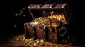 Treasure Chest, Open Ancient Trunk With Glowing Magic Lights In The Dark. Generative Ai Royalty Free Stock Photo