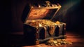 Treasure Chest, Open Ancient Trunk With Glowing Magic Lights In The Dark. Generative Ai Royalty Free Stock Photo