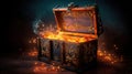 Treasure Chest, Open Ancient Trunk With Glowing Magic Lights In The Dark. Generative Ai Royalty Free Stock Photo