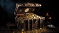 Treasure Chest, Open Ancient Trunk With Glowing Magic Lights In The Dark. Generative Ai Royalty Free Stock Photo
