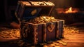 Treasure Chest, Open Ancient Trunk With Glowing Magic Lights In The Dark. Generative Ai