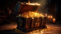 Treasure Chest, Open Ancient Trunk With Glowing Magic Lights In The Dark. Generative Ai Royalty Free Stock Photo