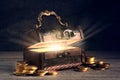 Treasure Chest - Open Ancient Trunk With Golden Coins, old coins in chest Royalty Free Stock Photo