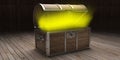 Treasure chest open glowing on wooden floor, dark background. 3d illustration Royalty Free Stock Photo