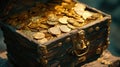 Treasure chest overflowing with gleaming gold coins promises untold riches. Ai Generated Royalty Free Stock Photo