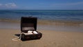 a treasure chest on a sandy beach.treasure with seashells and jewels found in the sea Royalty Free Stock Photo