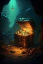 A treasure chest stands on a mountain of coins in a cave. AI Generated Royalty Free Stock Photo