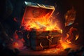 treasure chest, surrounded by flames and smoke, in a fire-themed setting