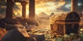 Treasure chest surrounded by gold coins, ancient ruins, sunset backdrop Royalty Free Stock Photo