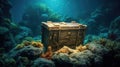 Treasure chest underwater in ocean. Generative Ai Royalty Free Stock Photo