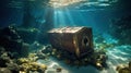 Treasure chest underwater in ocean. Generative Ai Royalty Free Stock Photo