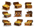 Treasure chests isometric cartoon set. Collection of wooden open boxes full of gold coins and jewels and royal crown