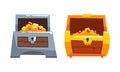 Treasure Chests Set, Opened Antique Chest Full of Gold and Precious Stones Cartoon Vector Illustration