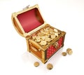 Treasure Coffer full of gold coins, a few also outside Royalty Free Stock Photo