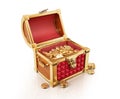 Treasure Coffer almost full of gold coins, a few also outside Royalty Free Stock Photo