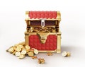 Treasure Coffer full of gold coins, some also outside. Front view Royalty Free Stock Photo