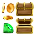 Treasure Coin And Diamond In Chest Set Vector