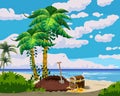 Treasure dug on the beach, tropical Island, ancient pirate treasure chest, scull, exotic plants, palms, sea, ocean