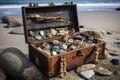 a treasure filled with beachcombing treasures, surrounded by water and sky