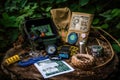 treasure full of geocaching goodies, including trackables and swag Royalty Free Stock Photo