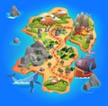 Treasure game map, cartoon tropical island map showing road direction to pirate gold treasure Royalty Free Stock Photo