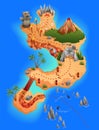 Treasure game map. Cartoon tropical uninhabited island map showing road direction to the goal. Vector gaming background