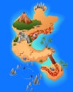 Treasure game map. Cartoon tropical uninhabited island map. Vector gaming background