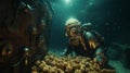 The Treasure Hunt: Deep-Sea Diver Discovers Sunken Wealth in Ultra HD Detail Royalty Free Stock Photo