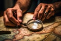 treasure hunt on an old map magnifying loupe generative ai Royalty Free Stock Photo