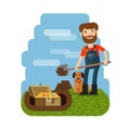 Treasure hunter, archaeologist, archeologist. Downshifter. Unexpected discovery vector illustration