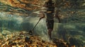 Treasure hunter wading through a crystal-clear river with a metal detector in hand Royalty Free Stock Photo