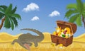 Treasure island with chest and gold coins and jewellery banner vector illustration. Expensive accessories such as crown