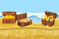 Treasure island with chest and gold coins and jewellery banner vector illustration. Expensive accessories such as crown