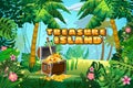 Treasure Island Pirate chest full of gold coins gems crown sword. Jungle tropical forest palms different exotic plants