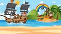 Treasure Island scene at daytime with Pirate kids on the ship Royalty Free Stock Photo