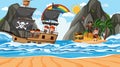 Treasure Island scene at daytime with Pirate kids on the ship Royalty Free Stock Photo