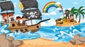 Treasure Island scene at daytime with Pirate kids on the ship Royalty Free Stock Photo