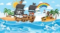 Treasure Island scene at daytime with Pirate kids on the ship Royalty Free Stock Photo