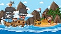 Treasure Island scene at daytime with Pirate kids on the ship Royalty Free Stock Photo