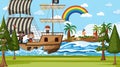 Treasure Island scene at daytime with Pirate kids on the ship Royalty Free Stock Photo