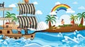 Treasure Island scene at daytime with Pirate kids on the ship Royalty Free Stock Photo